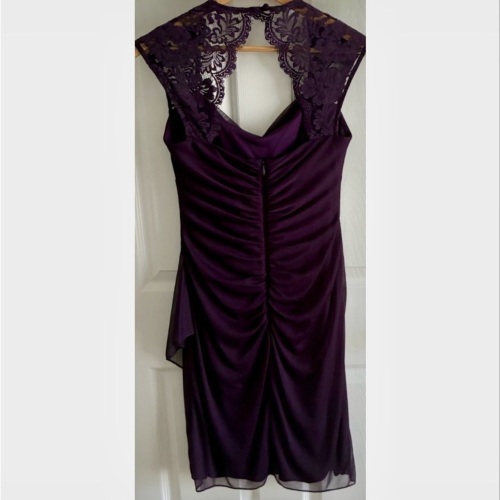 Xscape By Joanna Chen Size 6 Midi Deep Purple(Plum) Lace Neckline Evening Dress